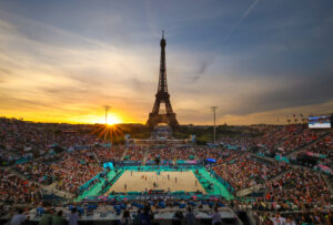 PARIS, FRANCE - AUGUST 04: A general view of the Eiffel tower at sunset during a Men's Round of 16 match between Teams Brazil and Netherlands on day nine of the Olympic Games Paris 2024 on August 04, 2024 in Paris, France. (Photo by Elsa/Getty Images)